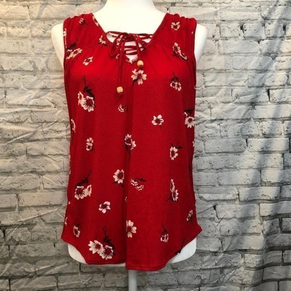 MAURICES Red Floral Lace Up Tank Top Small - Picture 10 of 10